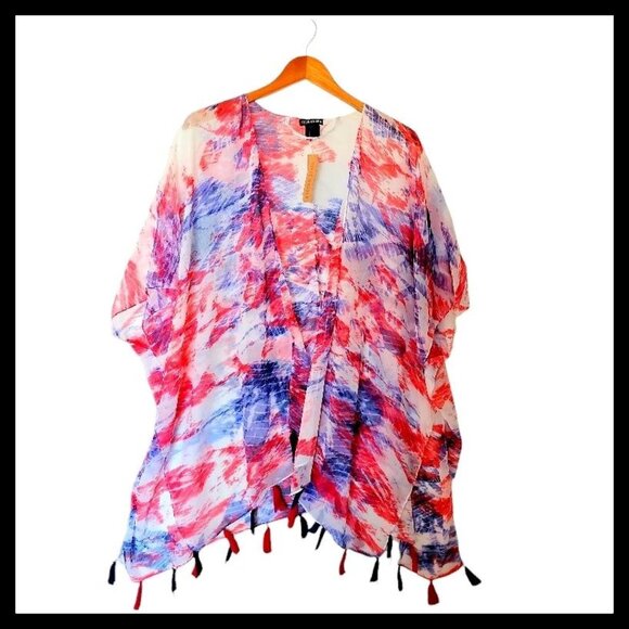 Steve Madden Boho Tassel Kimono Cover Up Geometric Red White Blue One Size NWT - Picture 1 of 9
